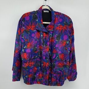VTG SilkWorms Jewel Tones Purple Pink Retro 80/90 Floral Sportwear Button Up SZL